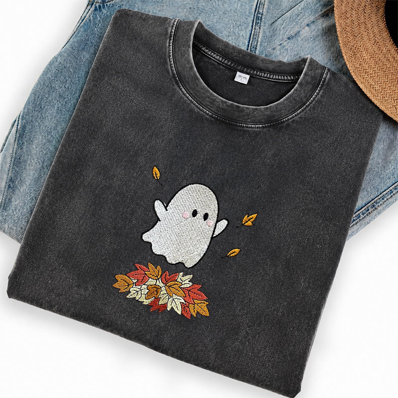 Embroidered Fall Ghost Washed Crew Neck T-Shirt