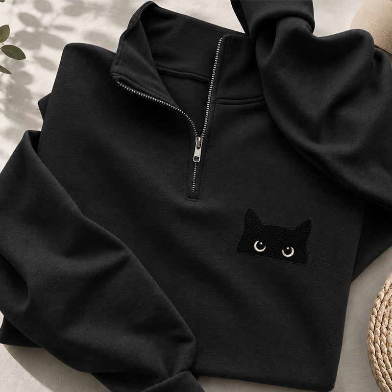 Embroidered Peeking Black Cat Classic Quarter Zip Sweatshirt