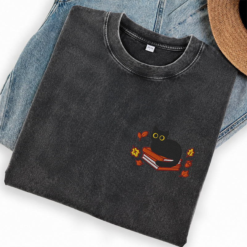 Embroidered Autumn Black Cat Book Washed Crew Neck T-Shirt