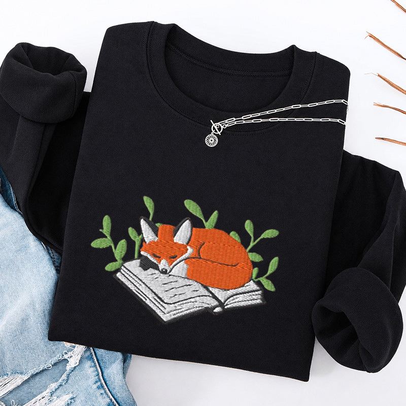Embroidered Sleeping Fox On The Book Classic Crewneck Sweatshirt