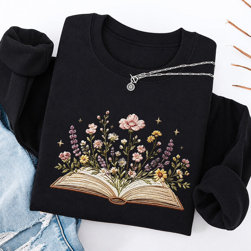 Embroidered Floral Book Classic Crewneck Sweatshirt