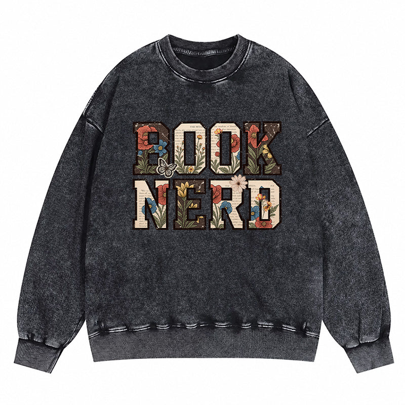 Retro Book Nerd Reading Washed Crewneck Sweatshirt