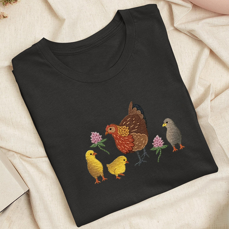 Embroidered Hen & Chicks Classic Adult Unisex Crew Neck T-Shirt