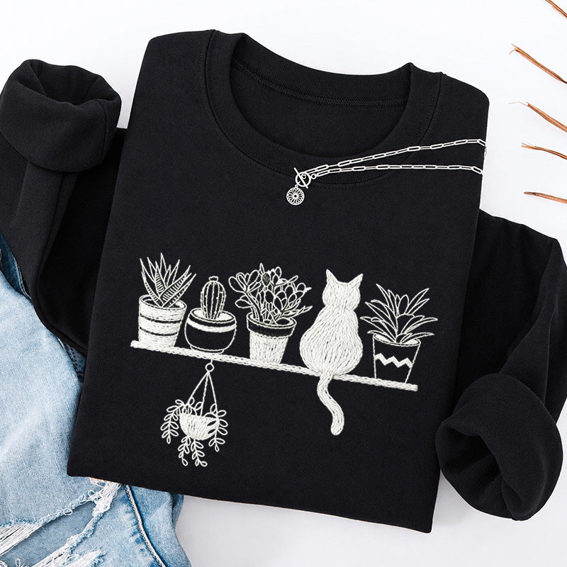 Embroidered Cats And Plants Classic Crewneck Sweatshirt