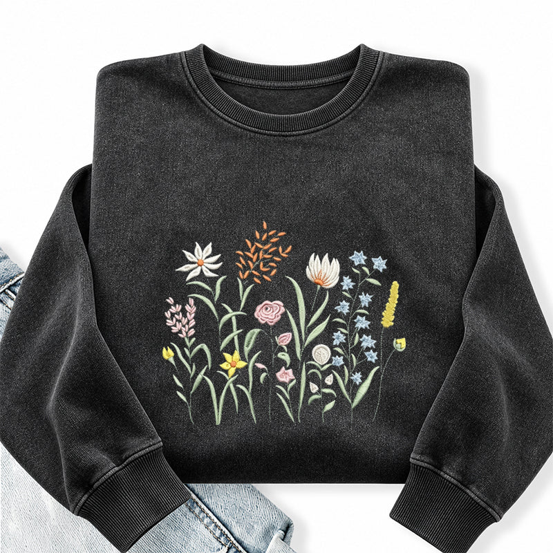Embroidered Cute Wildflowers Washed Crewneck Sweatshirt