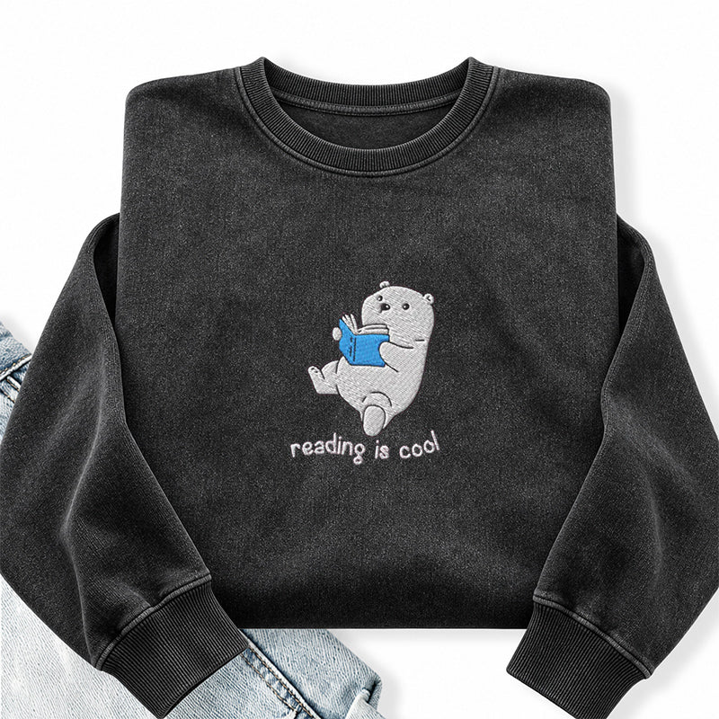 Embroidered Reading Is Cool Polar Bear Washed Crewneck Sweatshirt