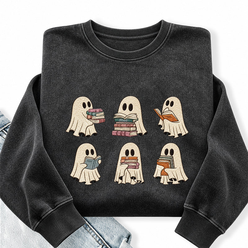 Embroidered Halloween Ghost Book Washed Crewneck Sweatshirt