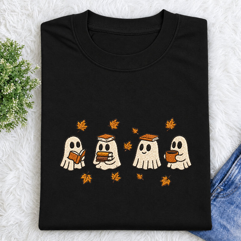 Embroidered Autumn Bookish Ghost Classic Crew Neck T-Shirt