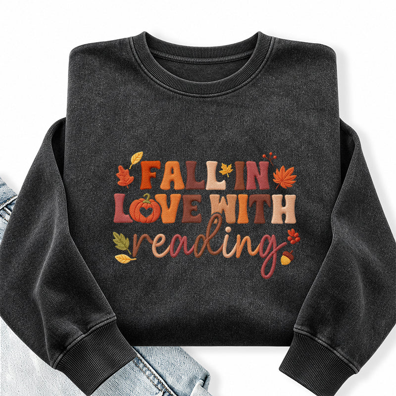 Embroidered Fall In Love With Reading Washed Crewneck Sweatshirt