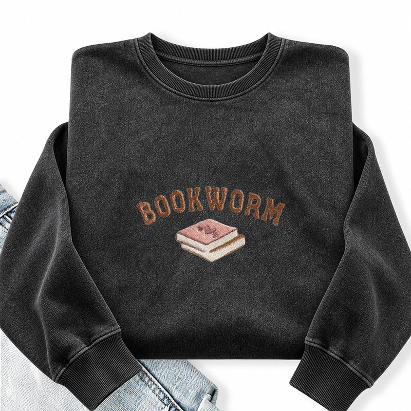 Embroidered Bookworm Washed Crewneck Sweatshirt