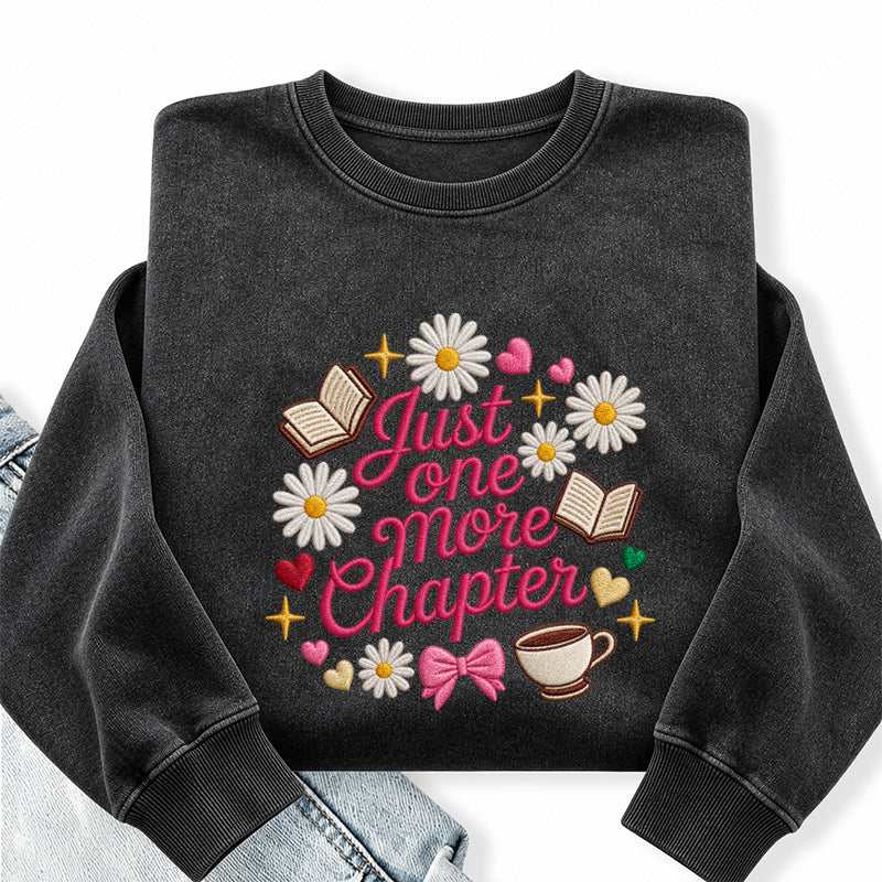 Embroidered Just One More Chapter Flower Washed Crewneck Sweatshirt