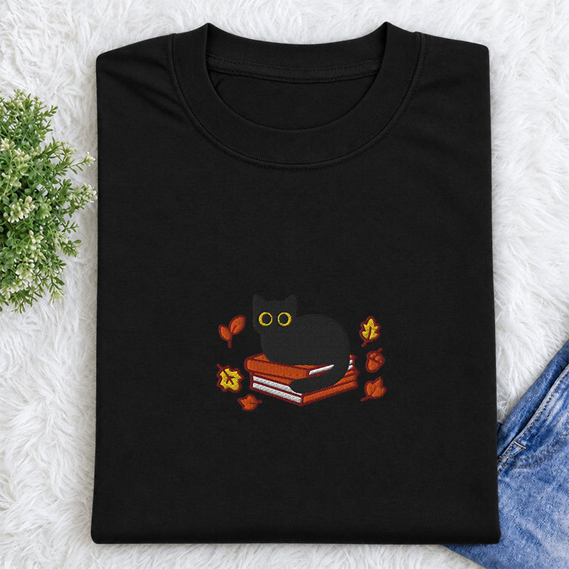 Embroidered Autumn Black Cat Book Classic Crew Neck T-Shirt