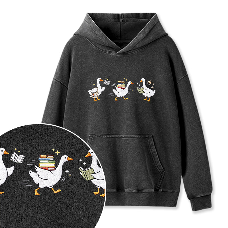 Embroidered Goose Reading Books Washed Hoodie