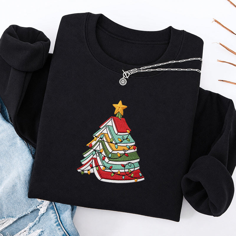 Embroidered Book Christmas Tree Classic Crewneck Sweatshirt