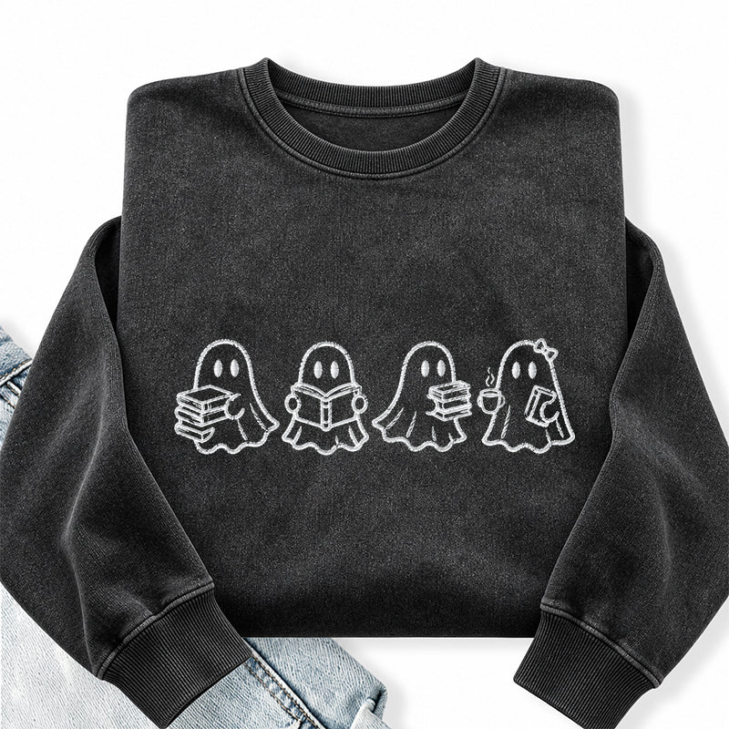 Embroidered Bookish Ghosts Washed Crewneck Sweatshirt