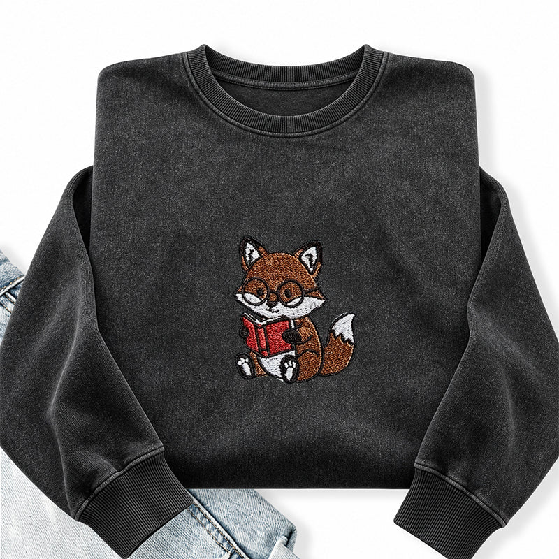 Embroidered Reading Fox Washed Crewneck Sweatshirt