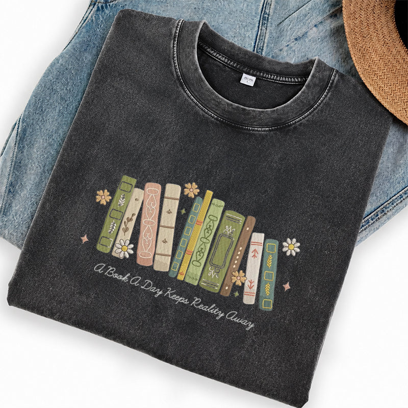 Embroidered A Book A Day Washed Crew Neck T-Shirt