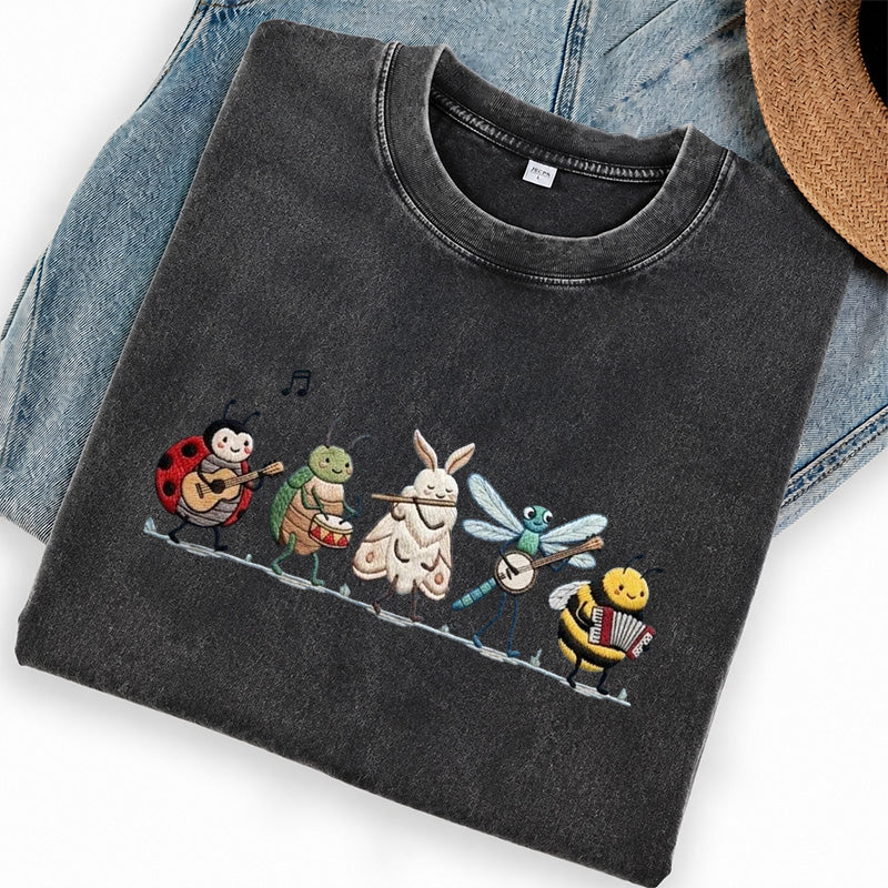 Embroidered Bug Orchestra Washed Crew Neck T-Shirt