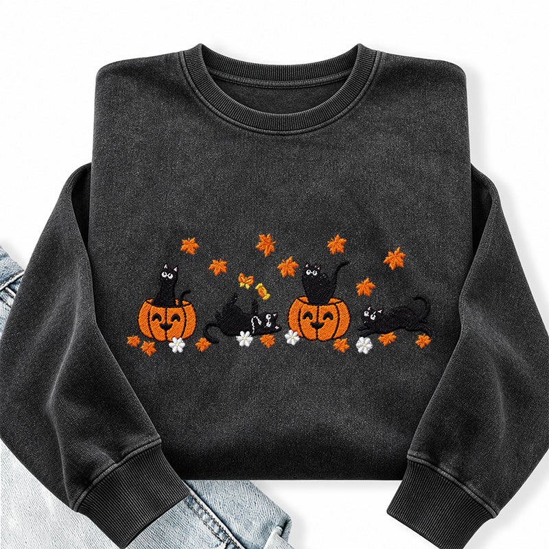 Embroidered Halloween Black Cat Washed Crewneck Sweatshirt