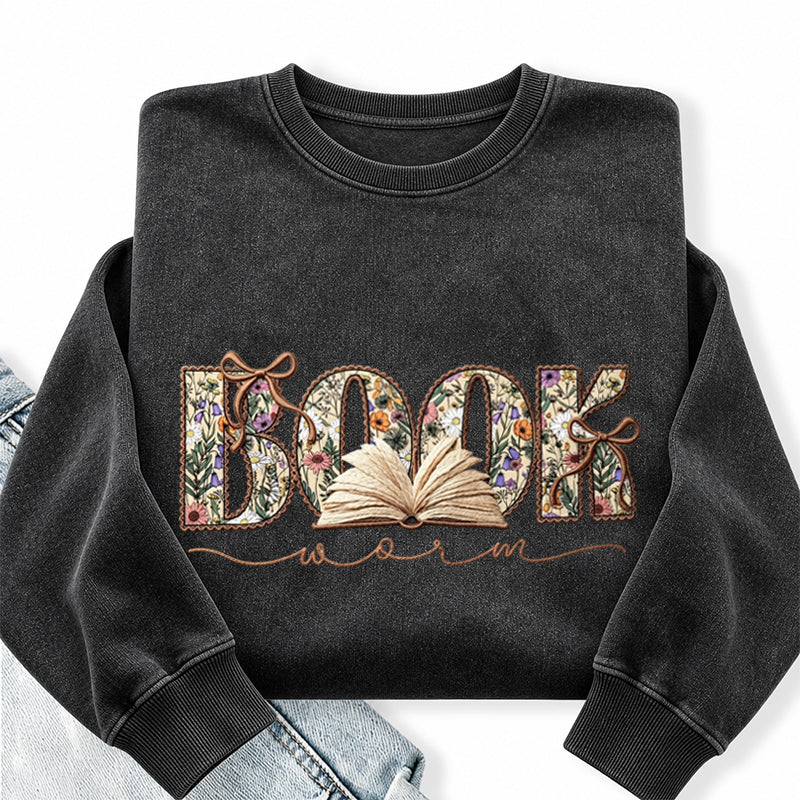 Embroidered Boho Wildflower Bookworm Washed Crewneck Sweatshirt