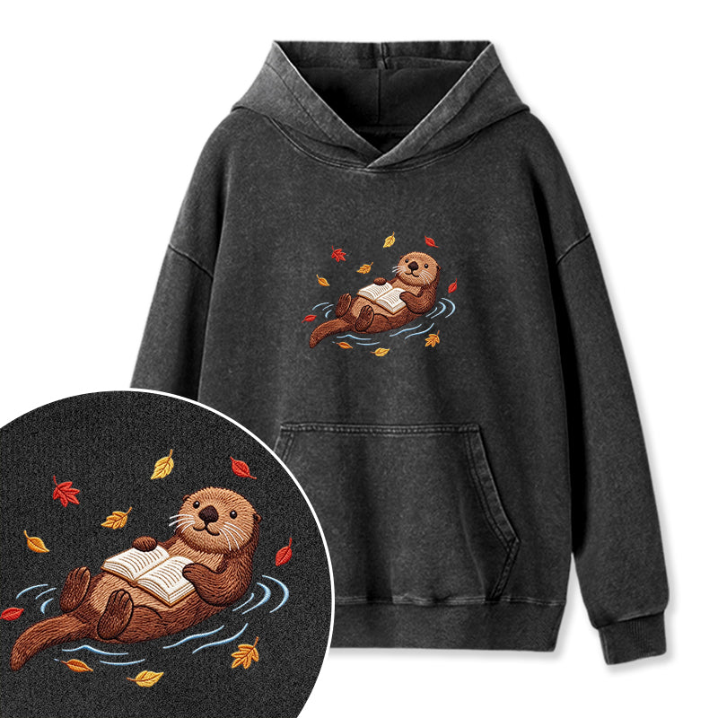 Embroidered Otter Reading Book Washed Hoodie