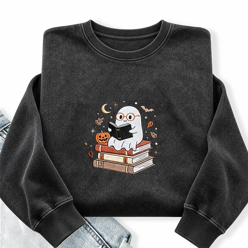 Embroidered Ghost Reading Books Washed Crewneck Sweatshirt