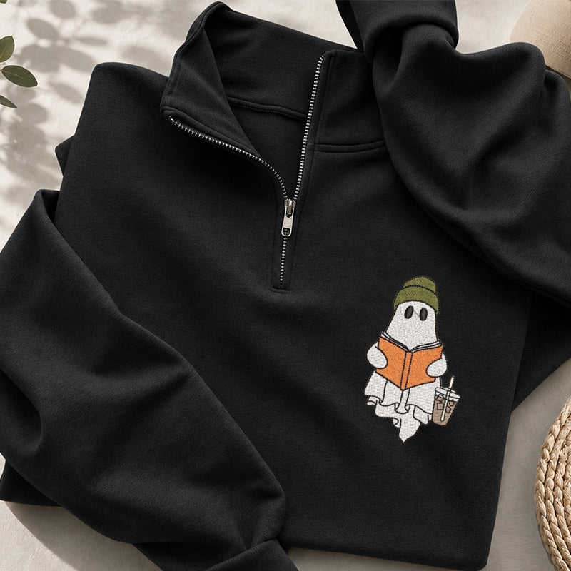Embroidered Cute Ghost Reading Classic Quarter Zip Sweatshirt