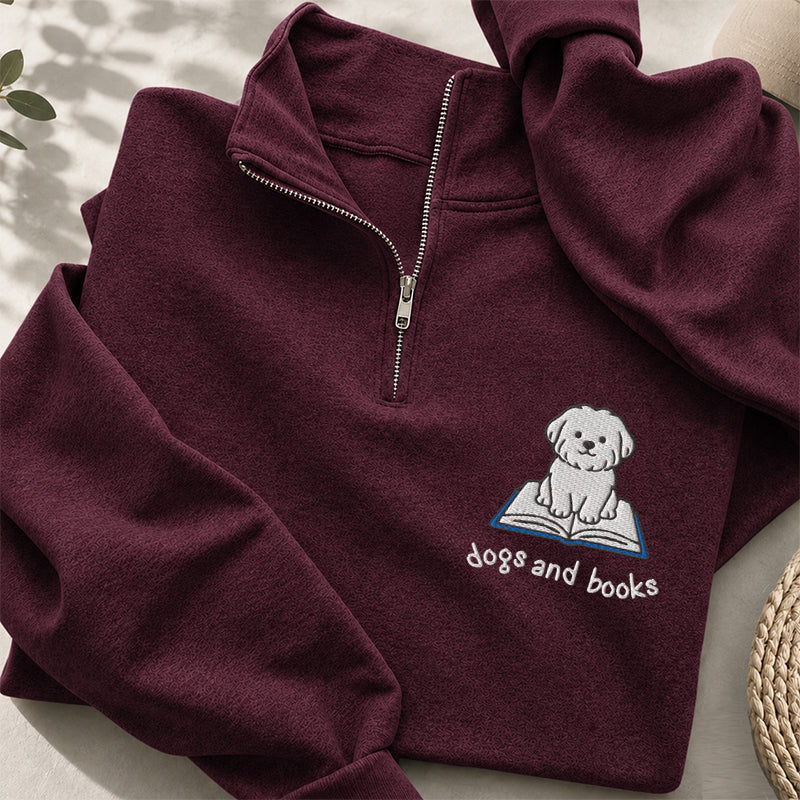 Embroidered Dogs And Books Classic Quarter Zip Sweatshirt
