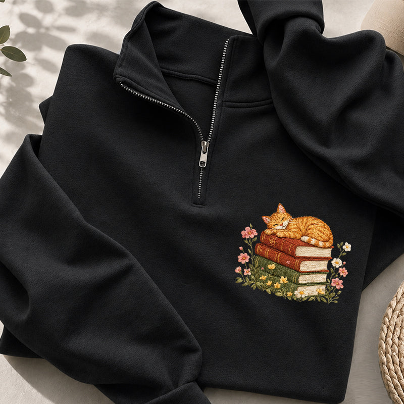 Embroidered Sleeping Cat On Books Classic Quarter Zip Sweatshirt