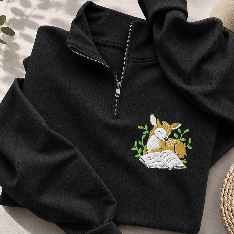 Embroidered Deer Book Classic Quarter Zip Sweatshirt