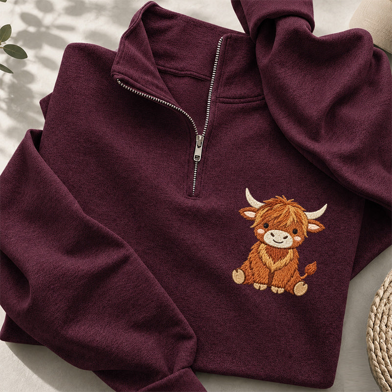 Embroidered Highland Cow Classic Quarter Zip Sweatshirt