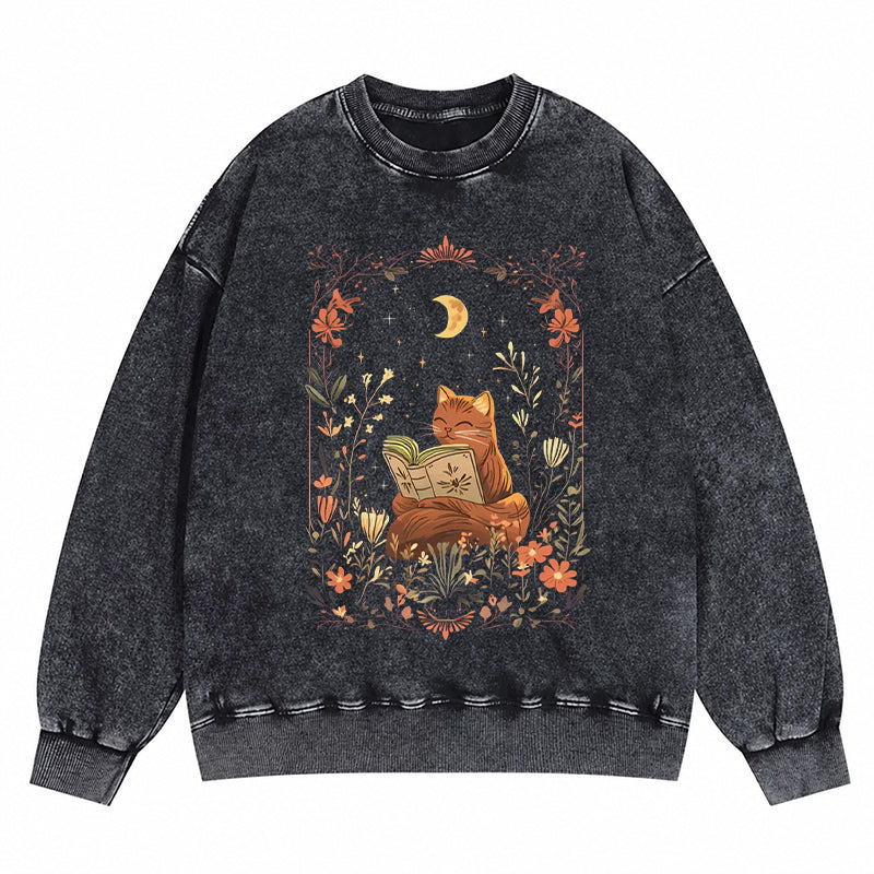 Cottagecore Cat Reading Book Washed Crewneck Sweatshirt
