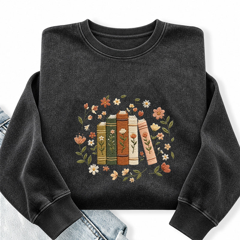 Embroidered Floral Book Stack Washed Crewneck Sweatshirt