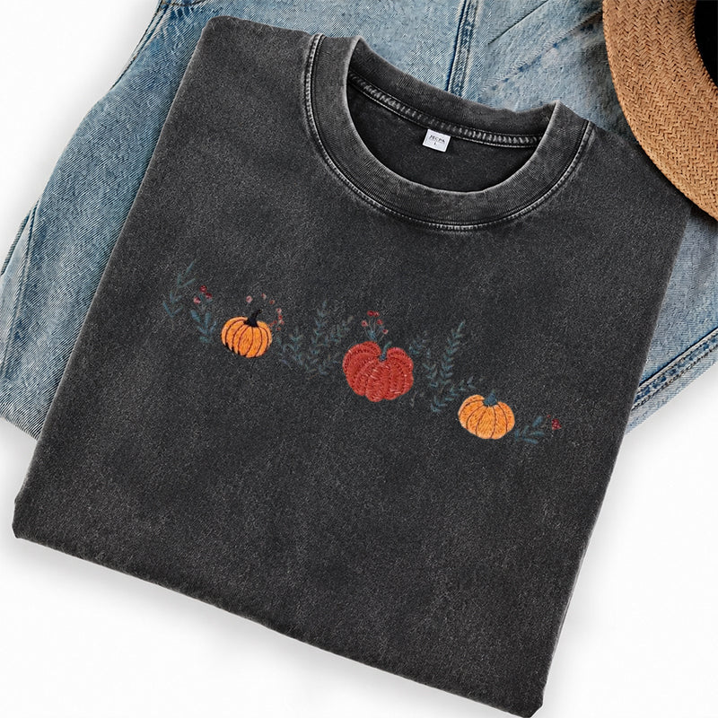 Embroidered Fall Enchanted Pumpkins Washed Crew Neck T-Shirt