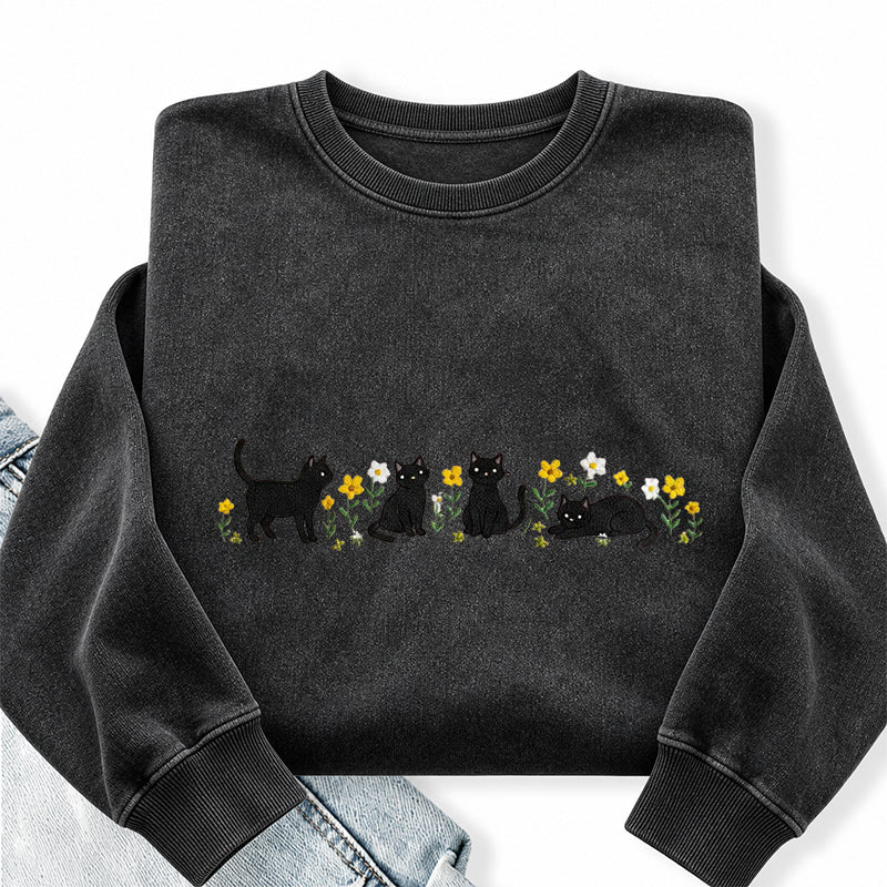 Embroidered Floral Black Cat Washed Crewneck Sweatshirt