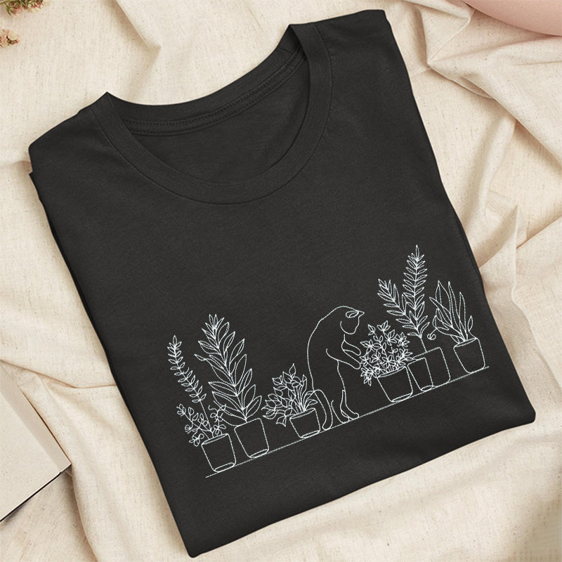 Embroidered Cat and Plant Lover Classic Adult Unisex Crew Neck T-Shirt