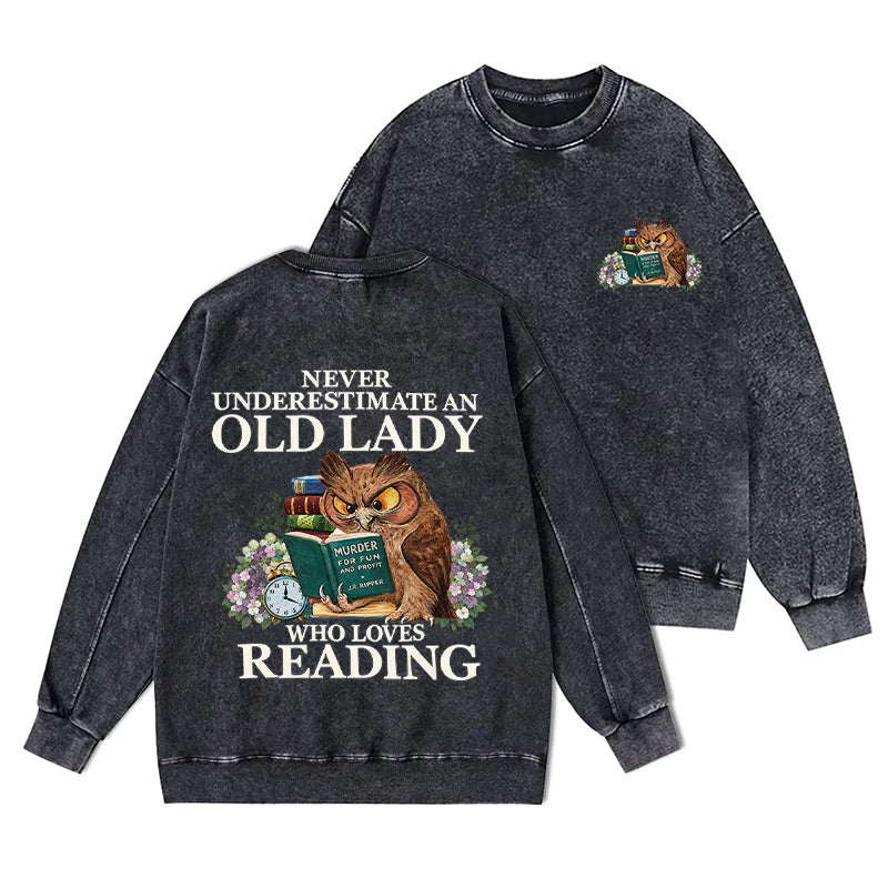 Funny Owl Old Lady Loves Reading Washed Crewneck Sweatshirt