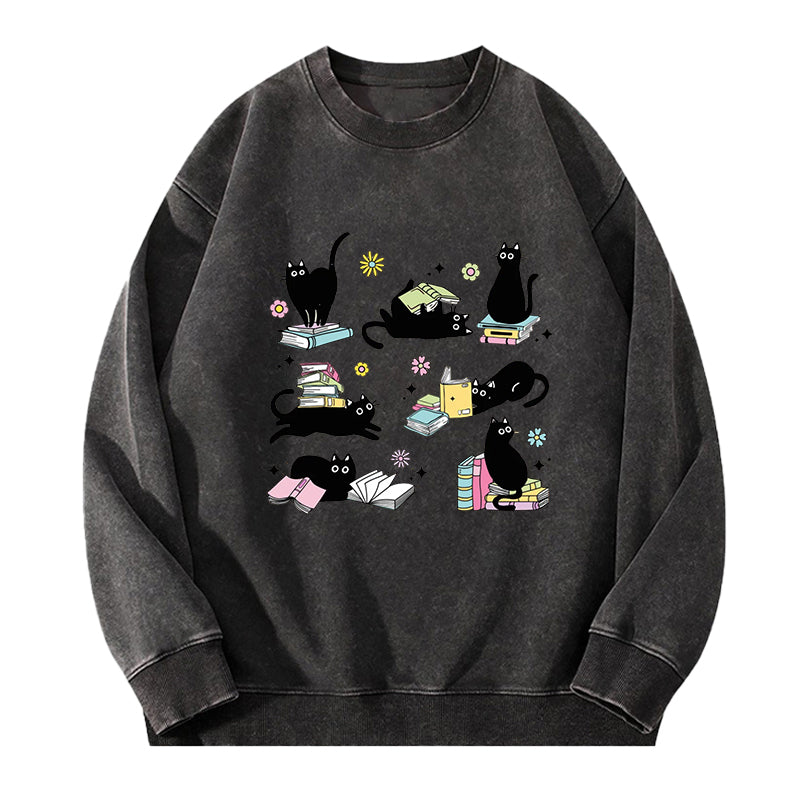 Book And Black Cats Washed Crewneck Sweatshirt