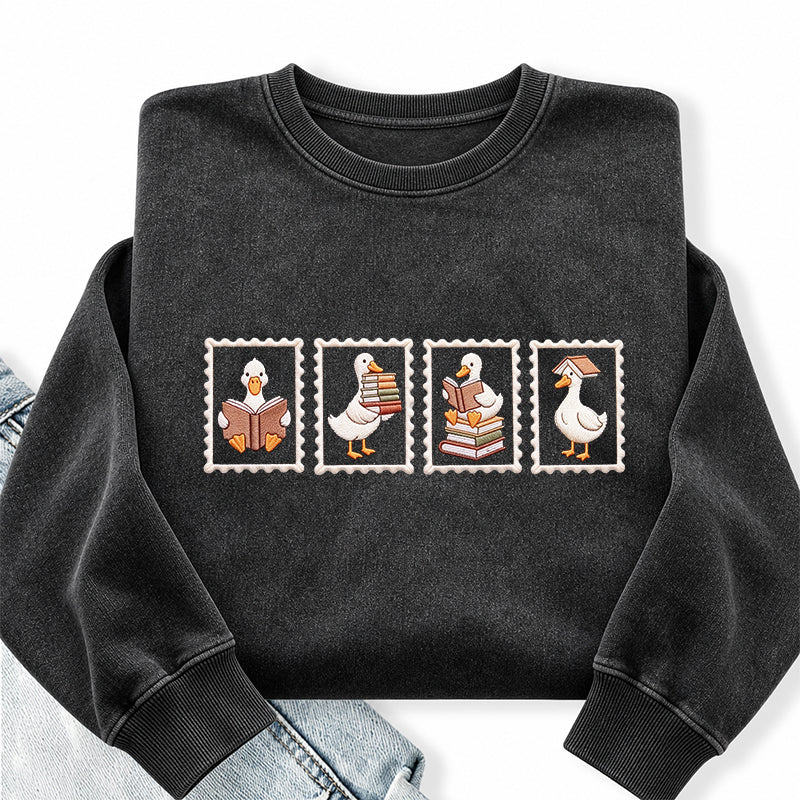 Embroidered Goose Reading Stamp Washed Crewneck Sweatshirt