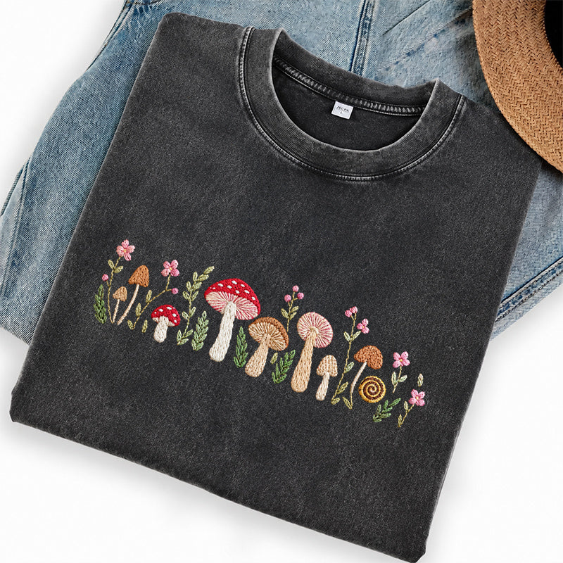 Embroidered Enchanted Mushroom Washed Crew Neck T-Shirt