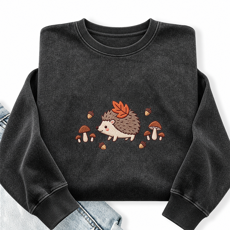 Embroidered Hedgehog Mushroom Washed Crewneck Sweatshirt