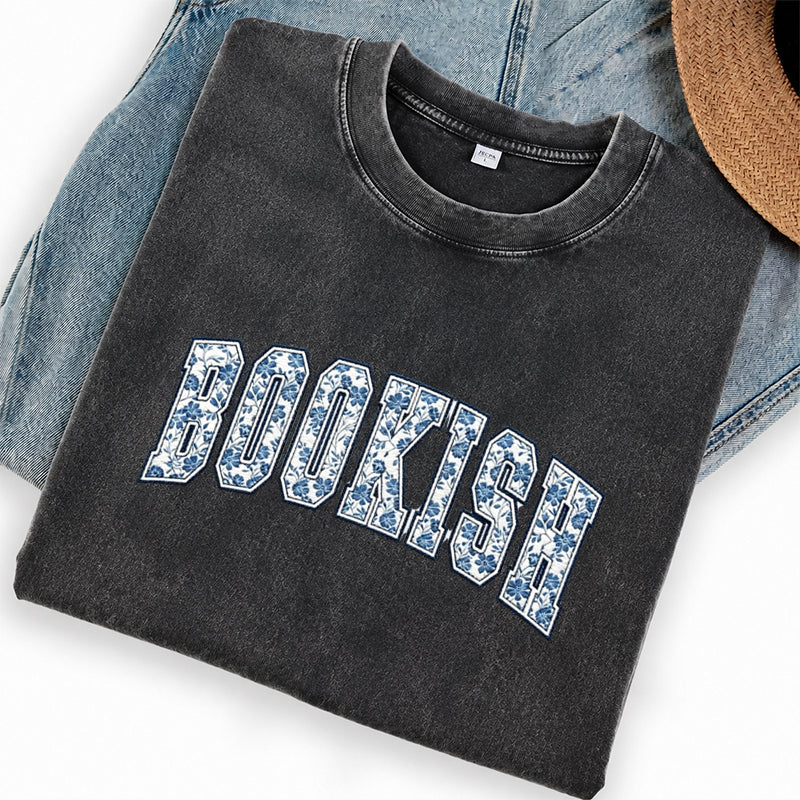 Embroidered Retro Bookish Washed Crew Neck T-Shirt
