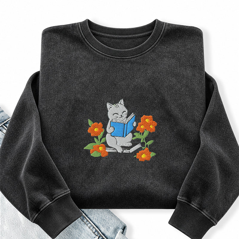 Embroidered Floral Bookish Cat Washed Crewneck Sweatshirt