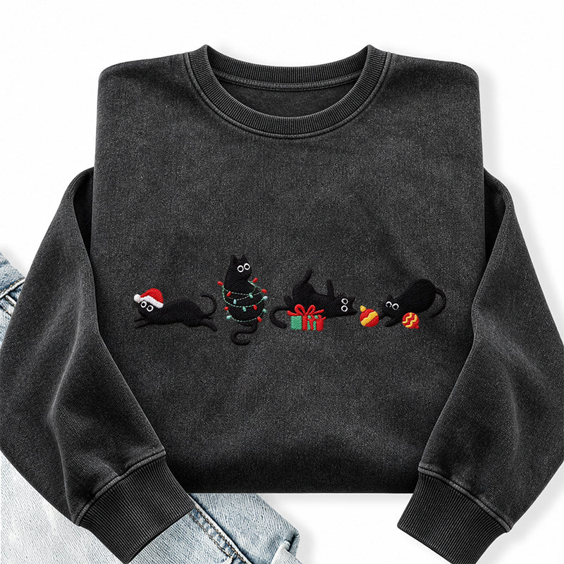 Embroidered Black Cat Christmas Washed Crewneck Sweatshirt