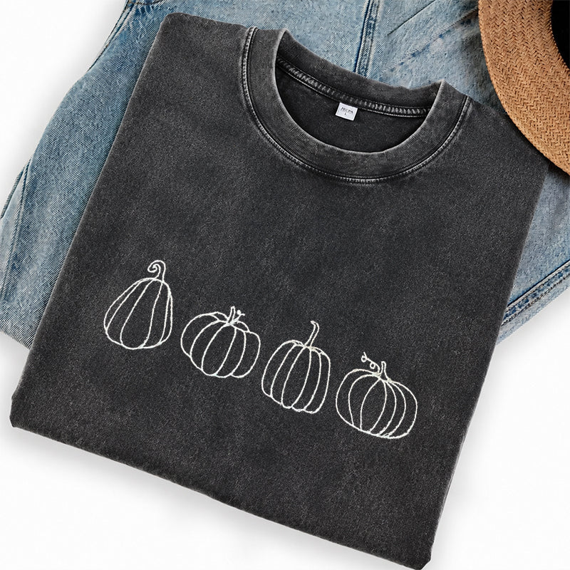 Embroidered Pumpkins Washed Crew Neck T-Shirt