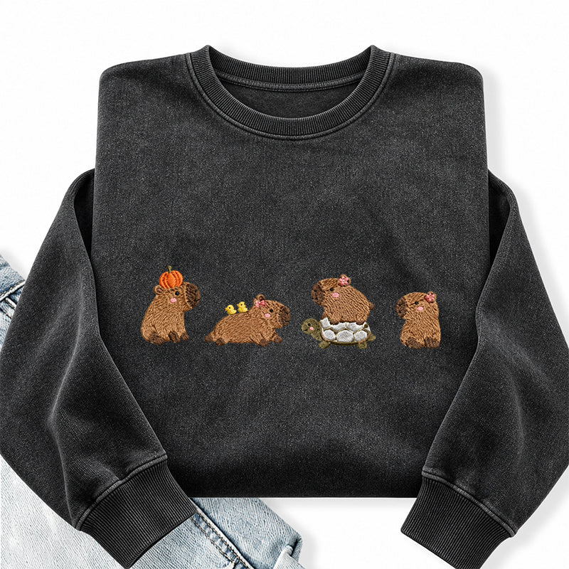 Embroidered Cute Capybara Washed Crewneck Sweatshirt
