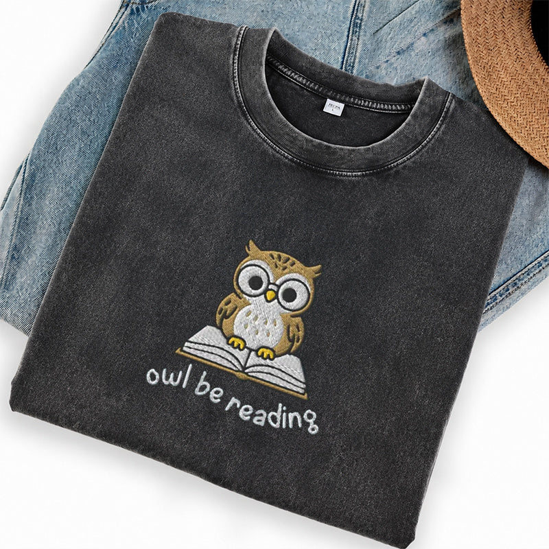Embroidered Owl Be Reading Washed Crew Neck T-Shirt