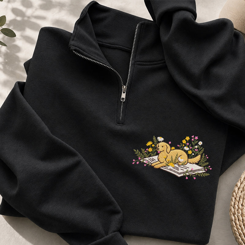 Embroidered Dog Lying On Book Classic Quarter Zip Sweatshirt
