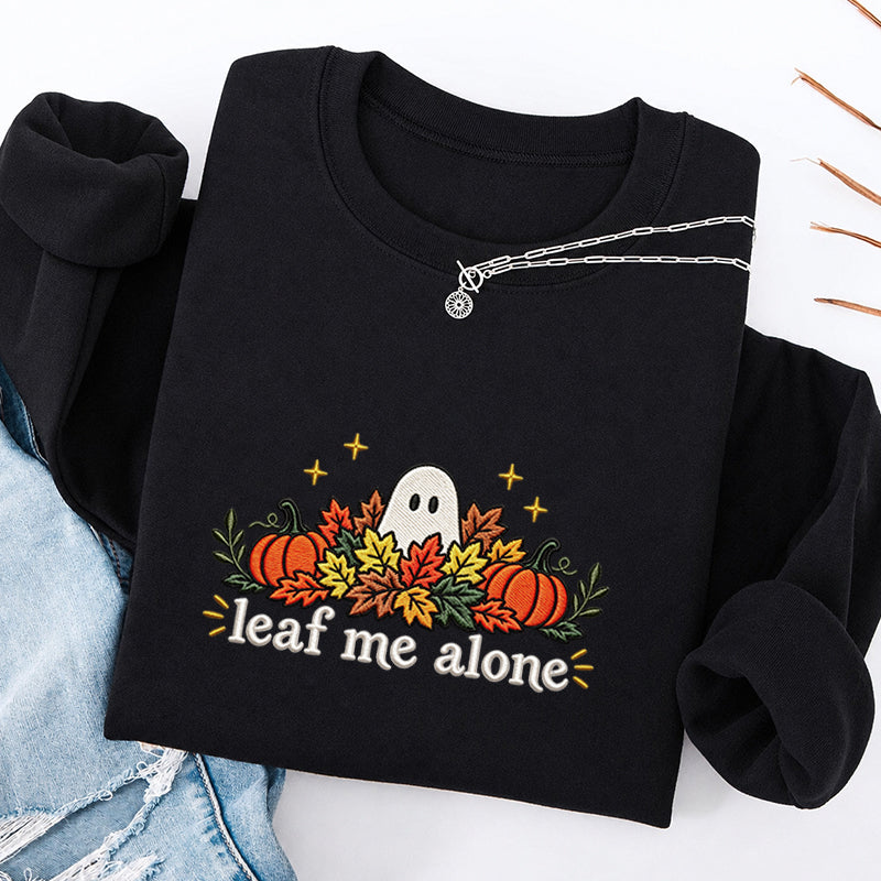 Embroidered Leaf Me Alone Classic Crewneck Sweatshirt