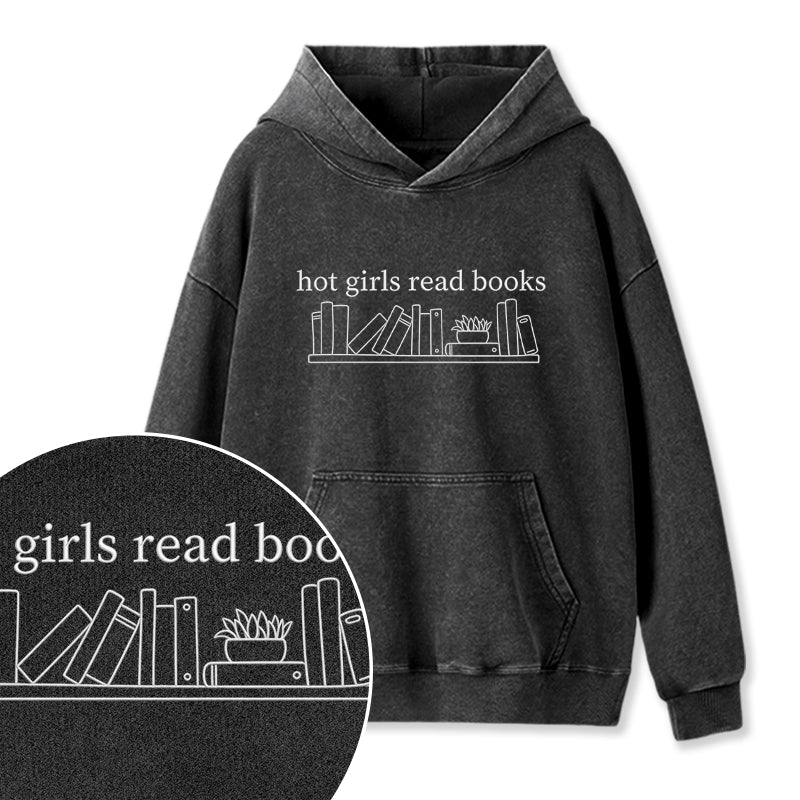 Embroidered Hot Girls Read Books Washed Hoodie